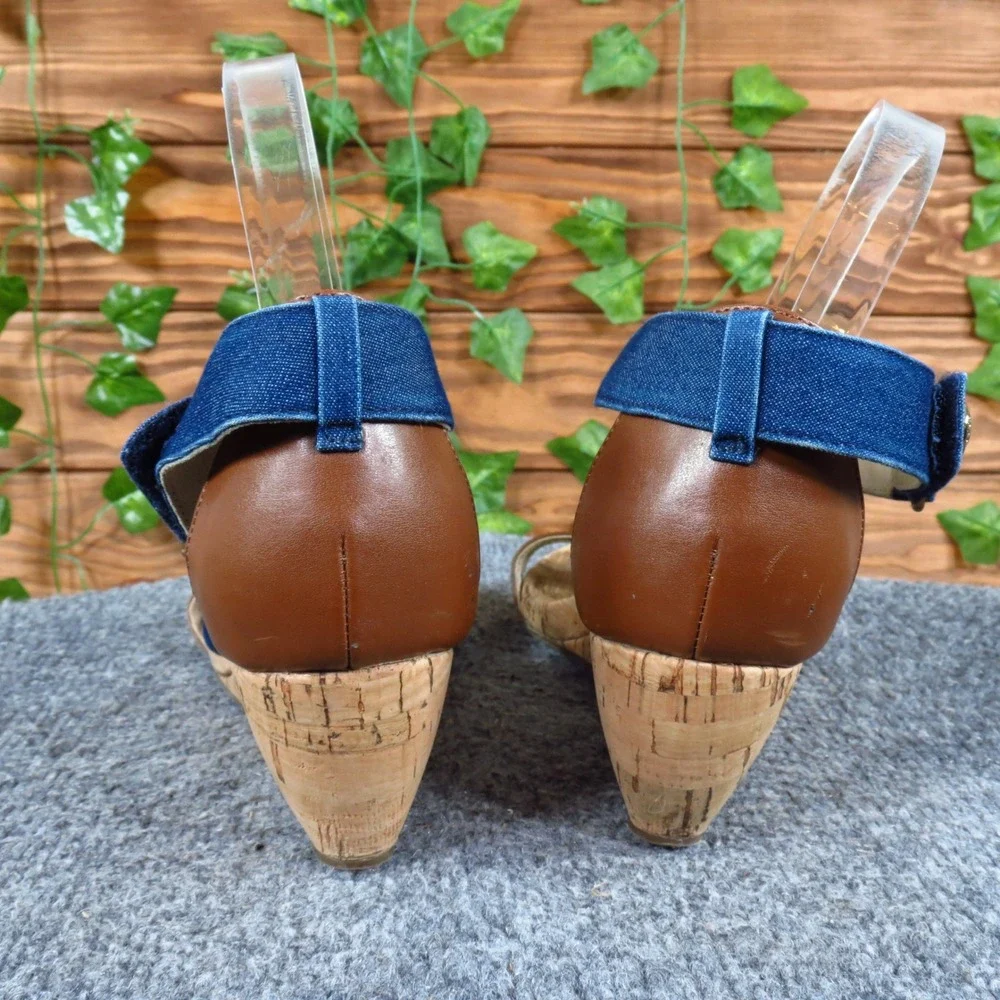 Anne Klein AK Sport Women Wedge Sandal 6.5M Summer Blue Denim Brown Cork